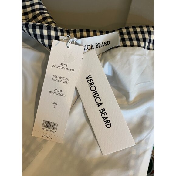 Veronica Beard Enfield Vest" Black & Ecru White Check Collared Size 2, NWT! $598 - Picture 6 of 6